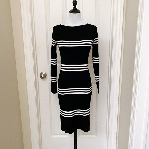 New Chic Black & White Striped Sweater Dress – Long Sleeve, Bodycon Fit - Picture 1 of 5